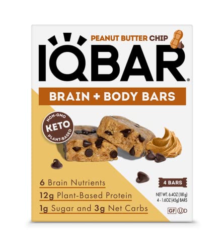 IQBAR Brain and Body Keto Protein Bars - Peanut Butter Chip Keto Bars - 4 Count Energy Bars - Low Carb Protein Bars - High Fiber Vegan Bars and Low Sugar Meal Replacement Bars - Vegan Snack