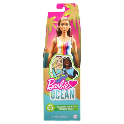 Barbie Loves the Ocean Beach-Themed Doll (11.5-inch Curvy Brunette), Made from Recycled Plastics, Wearing Fashion & Accessories, For 3 to 7 Year Olds