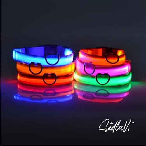 SEDLAV Colorful RGB LED Light-Up Dog Collars for Medium Dogs - Adjustable, Durable & Waterproof Dog Collars with Bright Optical Fiber for High Visibility Night Walking