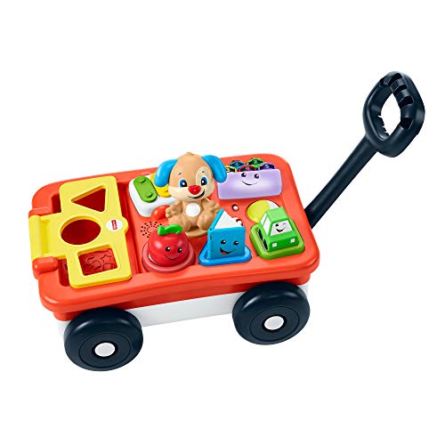 Fisher-Price Laugh & Learn Pull & Play Learning Wagon - German Edition, interactive toy wagon with shape blocks and learning content for baby and toddlers