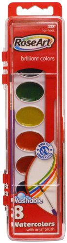 RoseArt 8-Color Washable Watercolors with 1 Paintbrush, Packaging May Vary