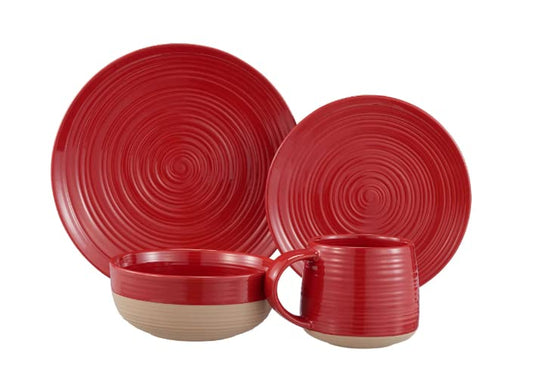 Artisanal Clay Stoneware 16-Piece Dining Set | Colorful glaze and speckled finish | Red