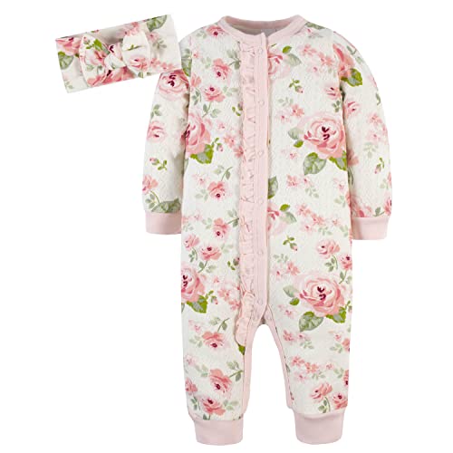 Gerber Baby Girls' 2-Piece Coverall & Headband Set, Roses, 6-9 Months