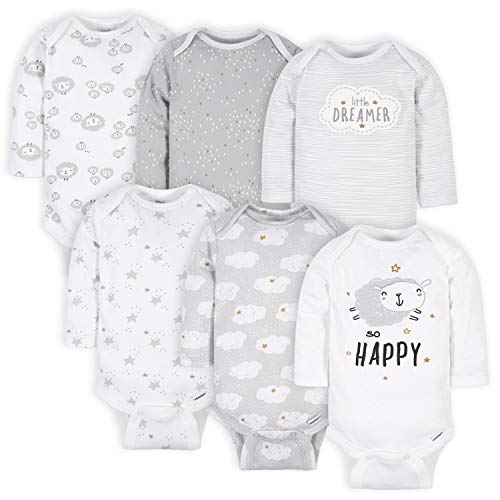 Gerber Baby 6 Pack Long-Sleeve Onesies Bodysuit, Sheep Grey, Newborn