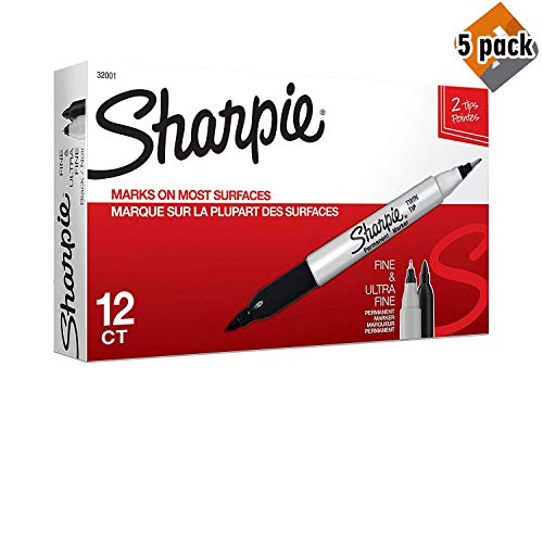 Sharpie Twin Tip Permanent Markers, Fine and Ultra Fine, Black, 12 Count (32001) - Pack 5