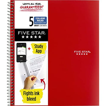 Five Star Spiral Notebook + Study App, 5-Subject, College Ruled Paper, Fights Ink Bleed, Water Resistant Cover, 8-1/2" x 11", 200 Sheets, Color Will Vary (06208)