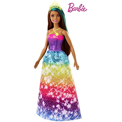 Barbie Dreamtopia Princess Doll, 12-Inch, Brunette with Blue Hairstreak Wearing Rainbow Skirt and Tiara, for 3 to 7 Year Olds