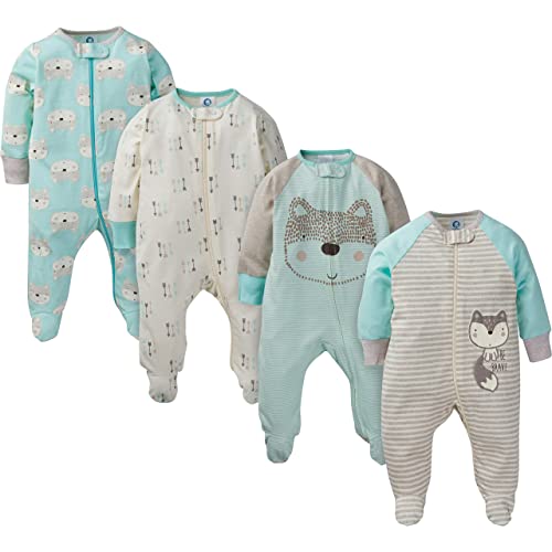 Gerber Baby Boys' 4 Pack Sleep 'N Play Footie, Aqua Fox, Newborn