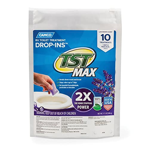 Camco TST MAX RV Toilet Treatment Drop-INs | Control Unwanted Odors and Break Down Waste and Tissue | Septic Tank Safe | Lavender Scent | 10-pack (41556)