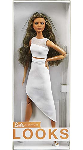 Barbie Signature Barbie Looks Doll (Brunette Wavy Hair) Fully Posable Fashion Doll Wearing White Skirt and Top, Gift for Collectors