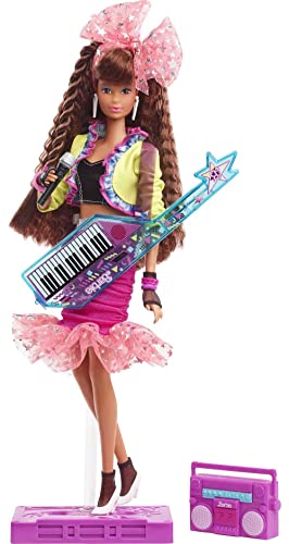 Barbie Rewind 80s Edition Dolls’ Night Out Doll (11.5-in Brunette) in Party Look Featuring Neon Jacket, Skirt & Accessories, with Cassette Tape Doll Stand, Gift for Collectors