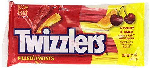 TWIZZLERS Filled Twists, Sweet & Sour Flavored Licorice Candy (Cherry Kick, Citrus Punch), 11 Ounce (Pack of 6)