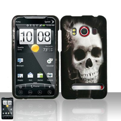 HTC EVO 4G White Skull Snap on Hard Case Cover Faceplate Shield Protector + 2 Bio Degradable Screen Wipes