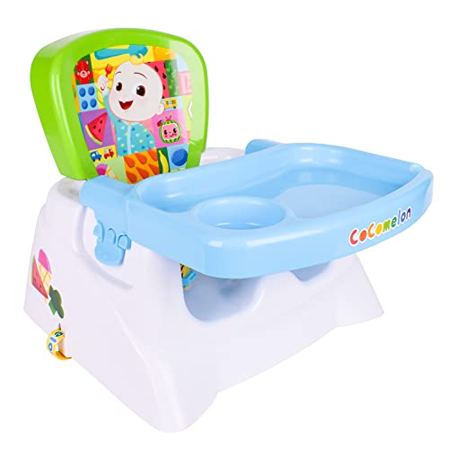 CoComelon Booster Seat with Tray – Portable Toddler Chair for Dining Table | JJ Green and Blue Kids Travel Seat with Safety Buckles | Dishwasher Safe Tray – Sunny Days Entertainment