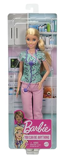 Barbie Nurse Blonde Doll (12-in) with Scrubs Featuring a Medical Tool Print Top & Pink Pants, White Shoes & StethoscopeAccessory, Great For Ages 3 Years Old & Up