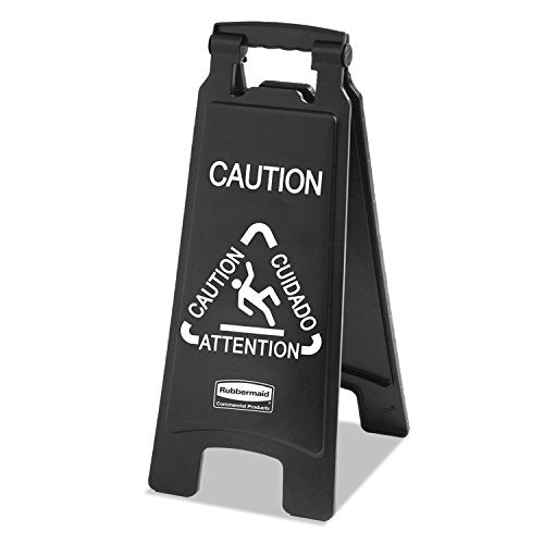 Executive 2-Sided Multi-Lingual Caution Sign, Black/White, 10 9/10 x 26 1/10 [ESS]