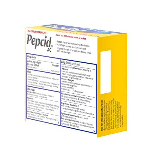 Pepcid AC Maximum Strength Heartburn Relief Tablets, Prevents & Relieves Heartburn Due to Acid Indigestion & Sour Stomach, 20mg of Famotidine to Reduce & Control Acid, Fast-Acting, 25 Ct