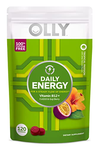 OLLY Daily Energy Gummy, Caffeine Free, Vitamin B12, CoQ10, Goji Berry, Adult Chewable Supplement, Tropical Flavor - 120 Count Pouch