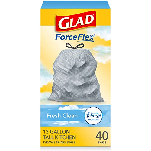 Glad OdorShield Tall Kitchen Drawstring Trash Bags, Fresh Clean, 13 Gallon, 40 Count (Packaging May Vary)
