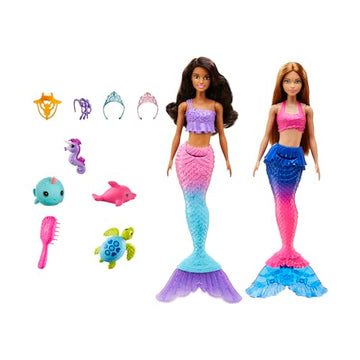 Barbie Mermaid Set With 2 Brunette Dolls (12-In/30.40-Cm), 4 Sea Pet Toys & Accessories