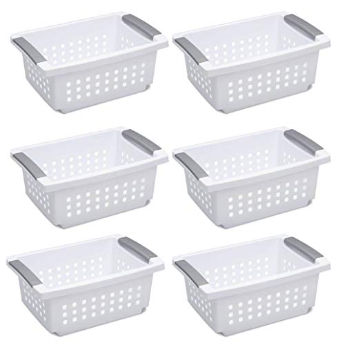 Sterilite 16628006 Medium Stacking Basket, White Basket w/ Titanium Accents, 6-Pack