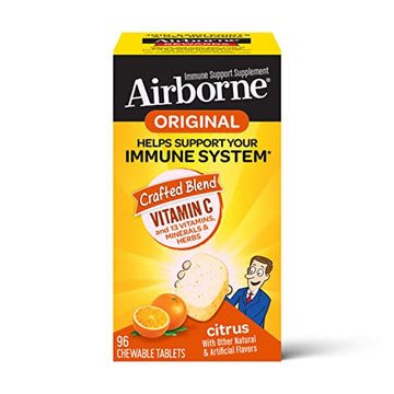 Airborne 1000mg Chewable Tablets with Zinc, Immune Support Supplement with Powerful Antioxidants Vitamins A C & E - 96 Tablets, Citrus Flavor