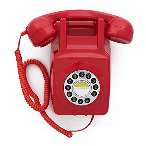 GPO 746 Wall-Mounted Push-Button Retro Landline Phone - Curly Cord, Authentic Bell Ring - Red
