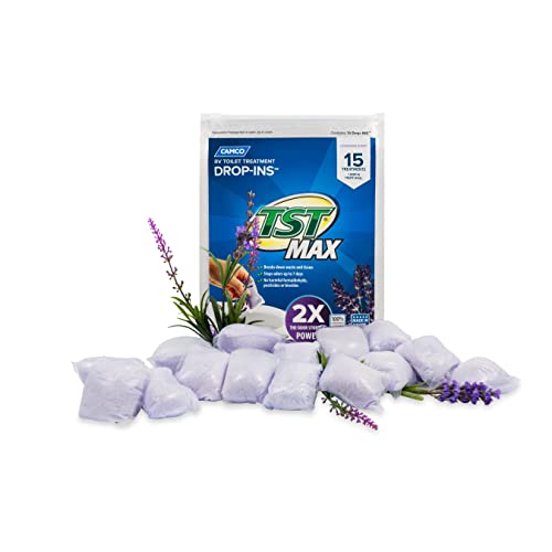 Camco TST MAX RV Toilet Treatment Drop-INs | Control Unwanted Odors and Break Down Waste and Tissue | Septic Tank Safe | Lavender Scent | 15-pack (41559)