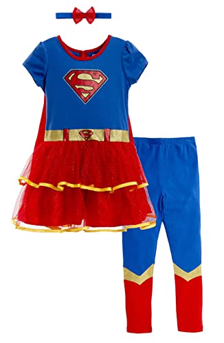 WARNER BROS Justice League Supergirl Infant Baby Girls Costume Dress Leggings Cape and Headband 4 Piece Set 12-18 Months