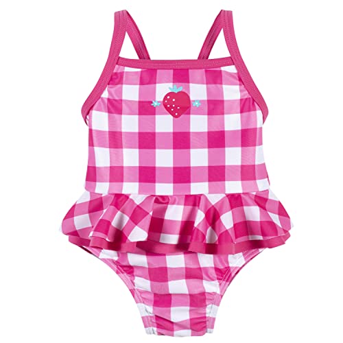 Gerber Girls' One-Piece Swimsuit, Pink Gingham Strawberry, 3-6 Months