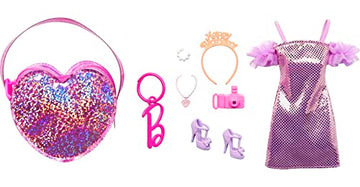 Barbie Clothes, Deluxe Clip-On Bag with Birthday Outfit and Five Themed Accessories for Barbie Dolls