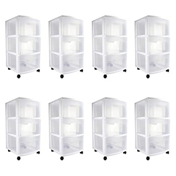 Sterilite 28308002 Home Stackable 3 Drawer Wide Plastic Storage Organizer Container with Drawers and Rolling Wheels, White (Set of 8)