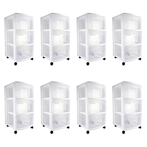 Sterilite 28308002 Home Stackable 3 Drawer Wide Plastic Storage Organizer Container with Drawers and Rolling Wheels, White (Set of 8)
