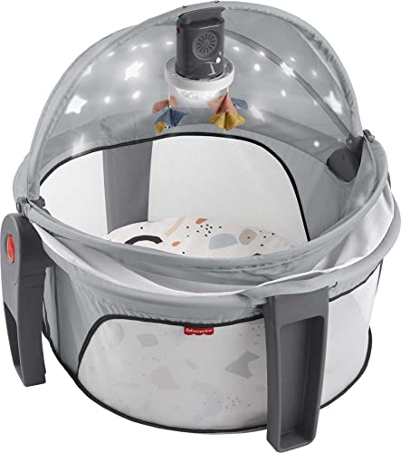 Fisher-Price Baby Portable Baby Bassinet And Play Space Deluxe On-The-Go Projection Dome With Lights Music And Canopy,Paper Shapes