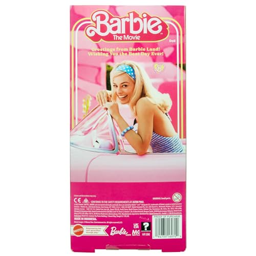 Barbie The Movie Doll, Margot Robbie as Barbie, Collectible Doll Wearing Pink and White Gingham Dress with Daisy Chain Necklace for 6 years and up