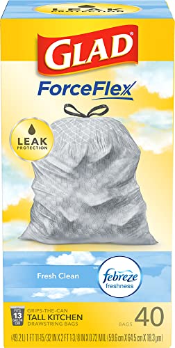 Glad OdorShield Tall Kitchen Drawstring Trash Bags, Fresh Clean, 13 Gallon, 40 Count (Packaging May Vary)