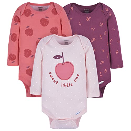 Gerber Baby Girl's 3-Pack Long-Sleeve Onesies Bodysuit, Pink Apple, 6-9 Months