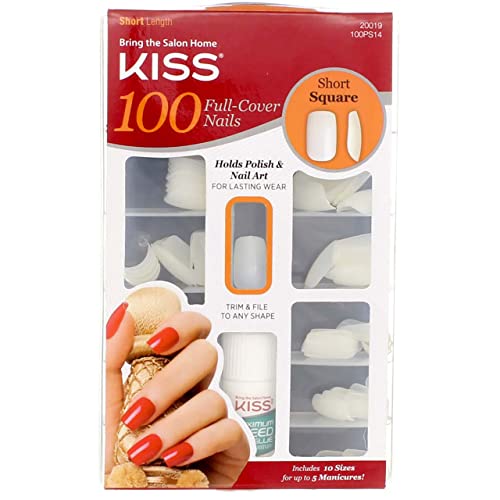 KISS 100 Full Cover Nails Kit, Short Length, Square 1 ea (Pack of 12)