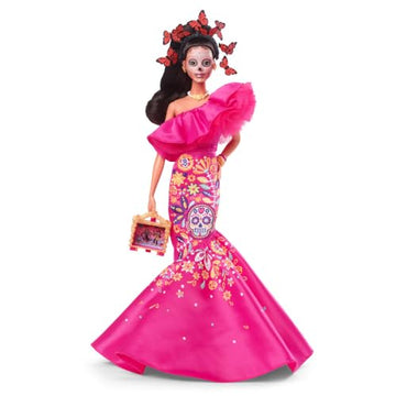 Barbie 2023 Día De Muertos Barbie Doll Wearing Ruffled Pink Gown and Holding Tiny Ofrenda, Barbie Signature