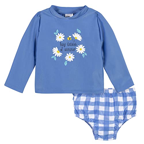 Gerber Girls' Baby Toddler Long Sleeved Rashguard Swim Bathing Suit Set, Blue Daisies, 3T