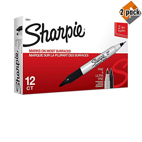 Sharpie Twin Tip Permanent Markers, Fine and Ultra Fine, Black, 12 Count (32001) - Pack 2