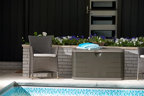 Rubbermaid Medium Resin Weather Resistant Outdoor Storage Deck Box, 72.6 Gal., Putty/Canteen Brown, for Garden/Backyard/Home/Pool