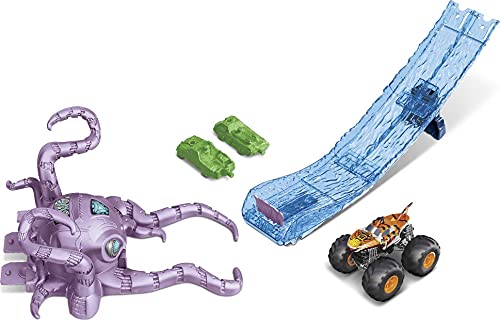 Hot Wheels Monster Trucks Octo-Slam Hero Playset with 1:64 Scale Die-cast Tiger Shark Vehicle, 2 Crushable Cars & Launcher, Gift for Kids Ages 3 to 8 Years Old