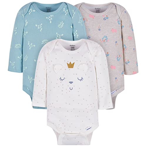 Gerber Baby Girl's 3-Pack Long-Sleeve Onesies Bodysuit, Bear Fairy White, 0-3 Months