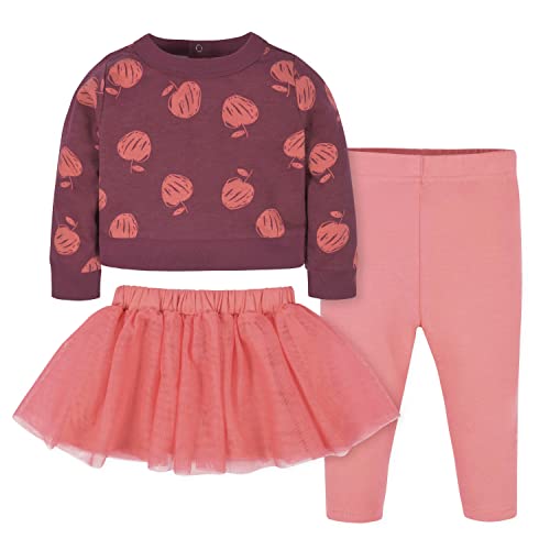 Gerber baby girls Toddler 3-piece French Terry Top, Tulle Tutu, & Top Skirt Legging Set, Pink Apples, 18 Months US