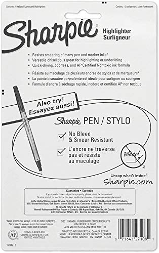 SHARPIE 27108PP Accent Pocket Style Highlighter, Fluorescent Yellow, 6-Pack