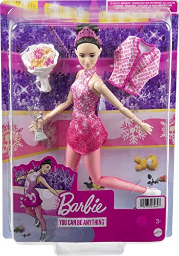 Barbie Winter Sports Ice Skater Brunette Doll (12 Inches) with Pink Dress, Jacket, Rose Bouquet & Trophy, Great Gift for Ages 3 and Up