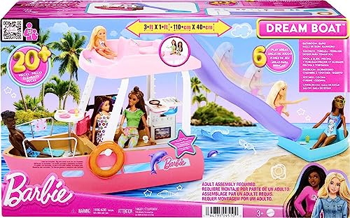 Barbie Boat with Pool and Slide, Dream Boat Playset Includes 20+ Pieces Like Dolphin and Accessories