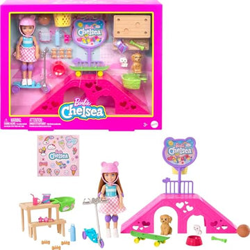 Barbie Toys, Chelsea Doll and Accessories, Skatepark Playset with 2 Puppies, Skate Ramp, Scooter, Sticker Sheet and 15+ Additional Pieces