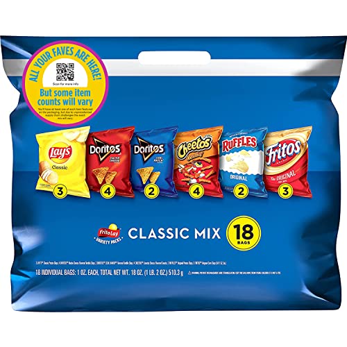 Frito Lay Snacks Classic Mix Chips Variety Pack, Lay's, Doritos, Fritos, Ruffles, Cheetos, 1oz Bags, (18 Pack) (Assortment May Vary)